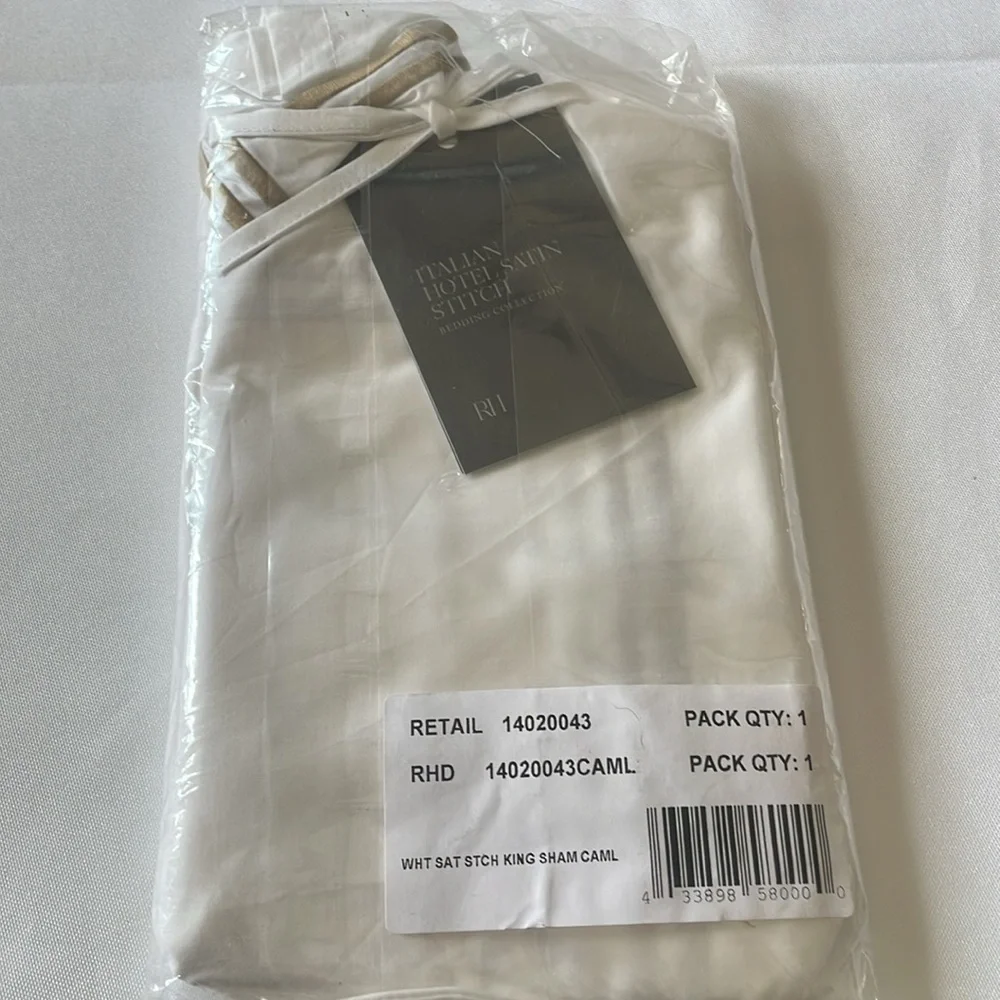 Restoration Hardware ITALIAN WHITE HOTEL SATIN STITCH KING SHAM in Camel